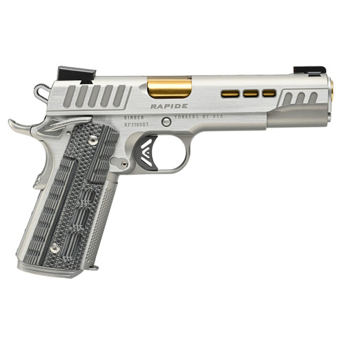 Kimber Rapide Dawn, 1911 45 ACP, 5" Barrel, Gold TiN Finish, TRUGLO TFX Tritium/Fiber-Optic Sights, Black/Gray G10 Grips, Manual Safety, 8rd, 1 Magazine, California Compliant